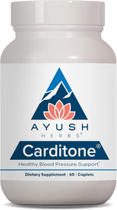 Ayush Herbs Carditone bottle cap closeup highlights a heart health blend.