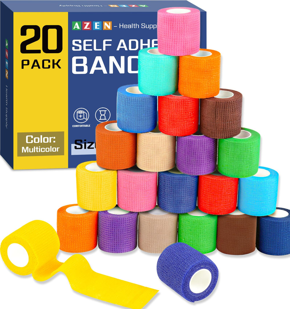 AZEN self-adhesive bandage wrap 20-roll color pack for secure, residue-free dressing.