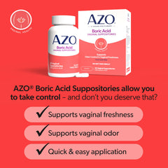 AZO Boric Acid 600 mg dose shown for intimate support.