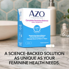 AZO Complete Feminine Balance packaging highlighting Intelliflora probiotic blend