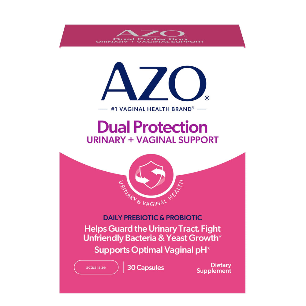 AZO Dual Protection bottle front with daily capsule for urinary and vaginal support.