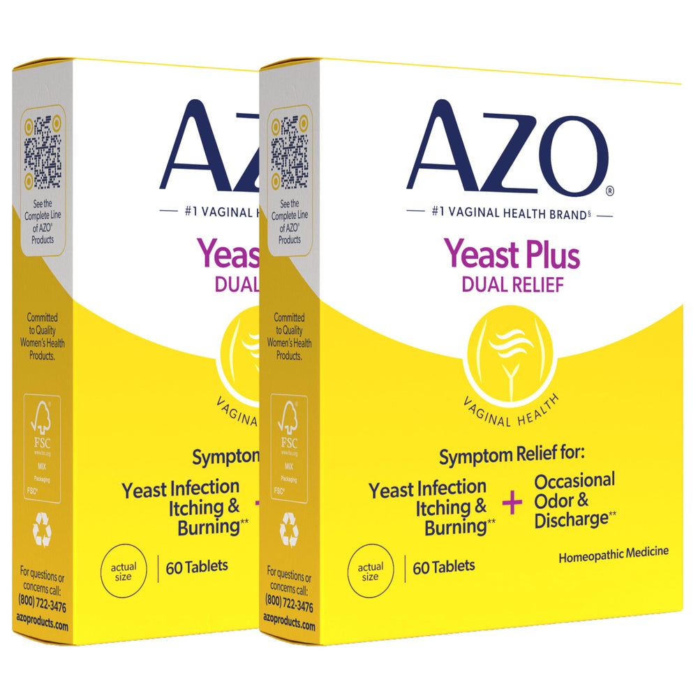 AZO Yeast Plus Dual Relief bottle shown for in-home symptom relief.