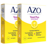 AZO Yeast Plus Dual Relief bottle shown for in-home symptom relief.