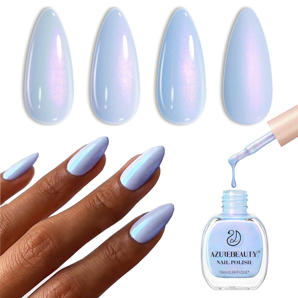 AzureBeauty Celestial Blue nail polish bottle showing vibrant color and quick-dry finish.