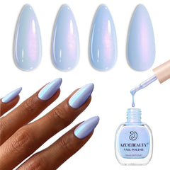 AzureBeauty Celestial Blue nail polish bottle showing vibrant color and quick-dry finish.