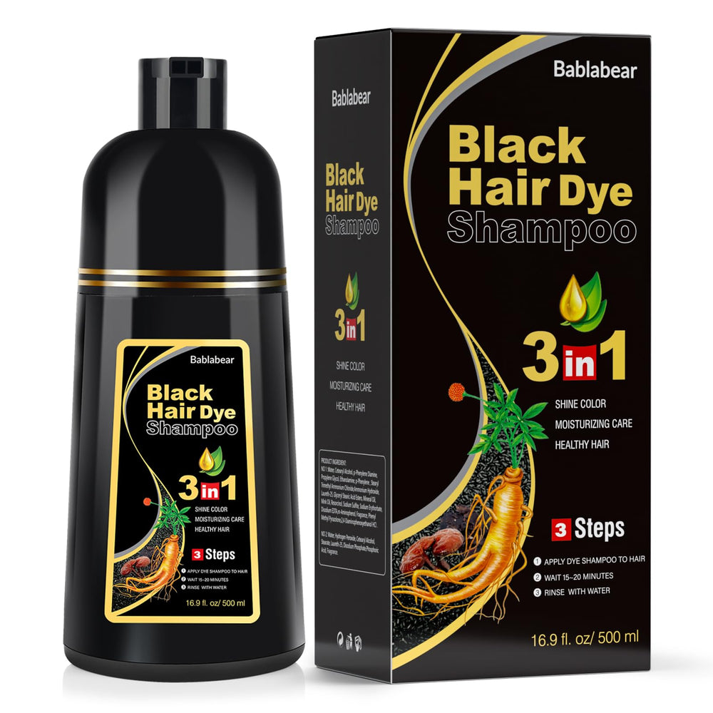 Bablabear black hair dye shampoo bottle pour showing easy application for gray hair