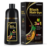 Bablabear black hair dye shampoo bottle pour showing easy application for gray hair
