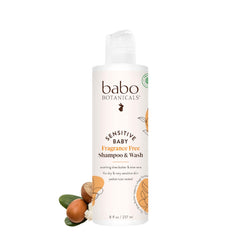 Babo Botanicals Sensitive Baby 2-in-1 bottle showing fragrance-free formula for delicate skin.