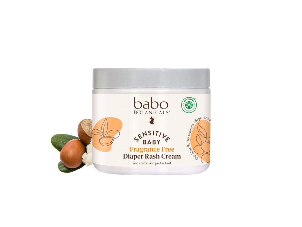 Babo Botanicals Sensitive Baby fragrance-free diaper cream jar close-up for easy application.
