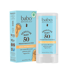 Babo Botanicals sunscreen stick on the face for quick protection.