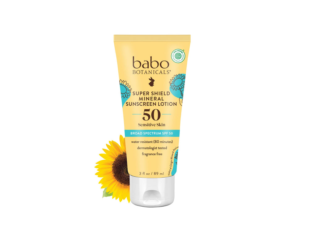 Babo Botanicals Sheer Mineral Sunscreen Lotion bottle with SPF 50 protection for delicate skin.