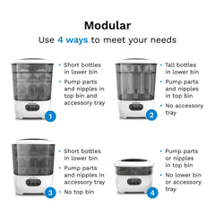 Baby Brezza Advanced Sterilizer Dryer demonstrates universal capacity: eight bottles and two pump parts.