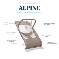 Baby Delight Alpine Deluxe bouncer folds flat for easy carry and travel.