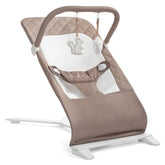 Baby Delight Alpine Deluxe bouncer seat in organic mocha fabric provides cozy, baby-friendly support.