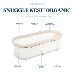 Baby Delight Snuggle Nest Bassinet highlights a soft, plush mattress for comfort.