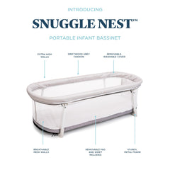 Snuggle Nest Bassinet mattress and sheet machine washable for easy cleanup.