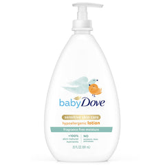 Baby Dove Sensitive Moisture Lotion bottle pour shows fragrance-free formula delivering up to 24 hours of hydration.