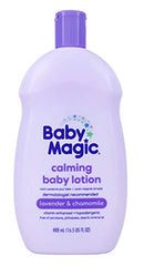 Baby Magic Calming Lotion pump closeup showing easy dispensing for gentle massage.