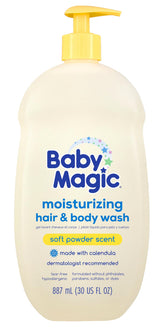 Baby Magic Moisturizing Hair & Body Wash bottle pour for gentle cleanse on delicate skin.