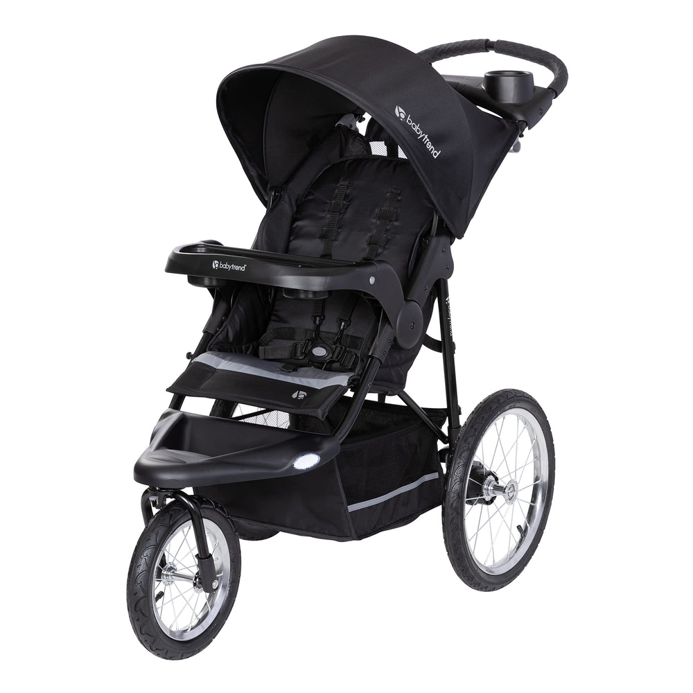 Baby Trend Expedition Jogger Dash Black front swivel wheel enables smooth steering on sidewalks