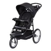 Baby Trend Expedition Jogger Dash Black front swivel wheel enables smooth steering on sidewalks