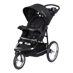 Baby Trend Expedition Jogger Dash Black front swivel wheel enables smooth steering on sidewalks