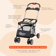 Baby Trend Snap N Go EX shows foot activated brakes for added security.