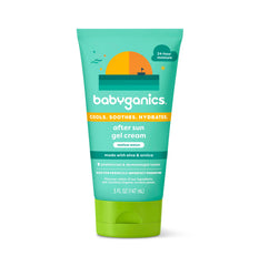 BabyGanics after sun gel cream mellow melon bottle close-up shows refreshing hydration after sun exposure.