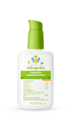 BabyGanics mosquito repellent lotion bottle with plant oils to keep mosquitoes away outdoors.