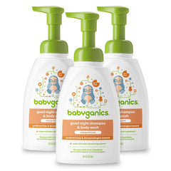 Babyganics orange blossom shampoo and body wash bottle front view, gentle cleansing for baby skin.