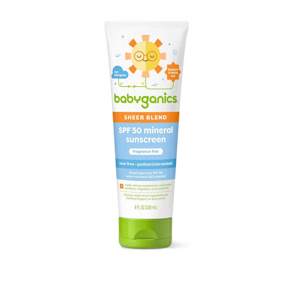 BabyGanics SPF 50 mineral sunscreen lotion, front view, sheer blend for easy application