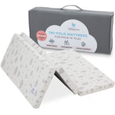 Babylicious pack-n-play mattress topper folded in tri-fold design for travel convenience and storage.