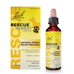 Bach Rescue Remedy Pet Dropper bottle calms dogs during stress.