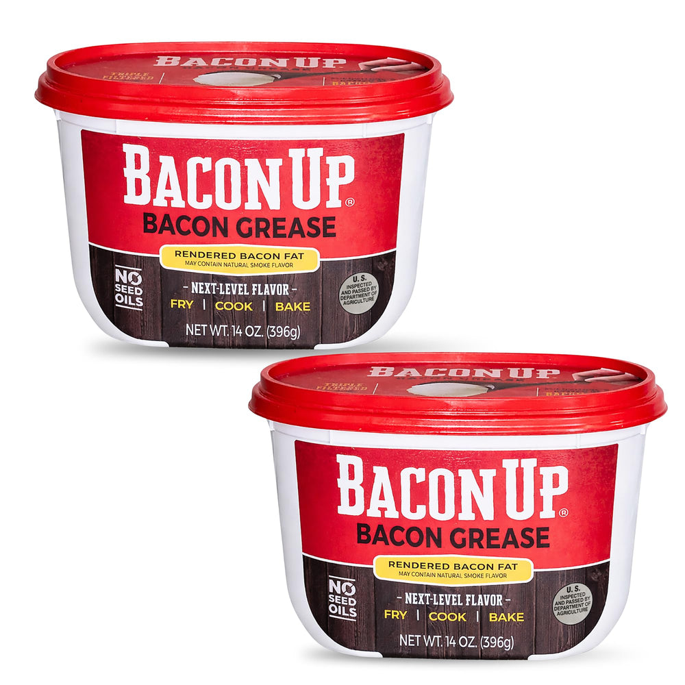 Bacon Up bacon grease tub front view, convenient 14 oz packaging for quick skillet cooking.