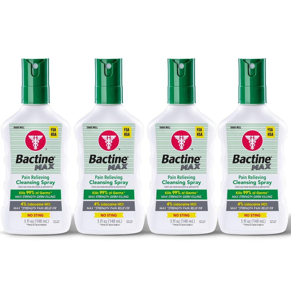 Bactine Max bottle front ready for cleansing and numbing relief during minor injuries.