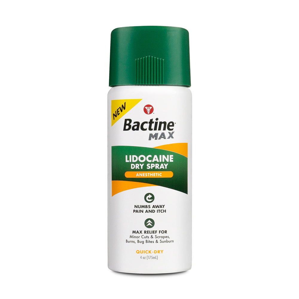 Bactine Max Dry Spray bottle shows fast numbing and cooling relief.