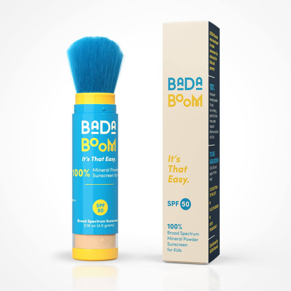 Bada Boom mineral sunscreen powder brush for easy, mess-free application.