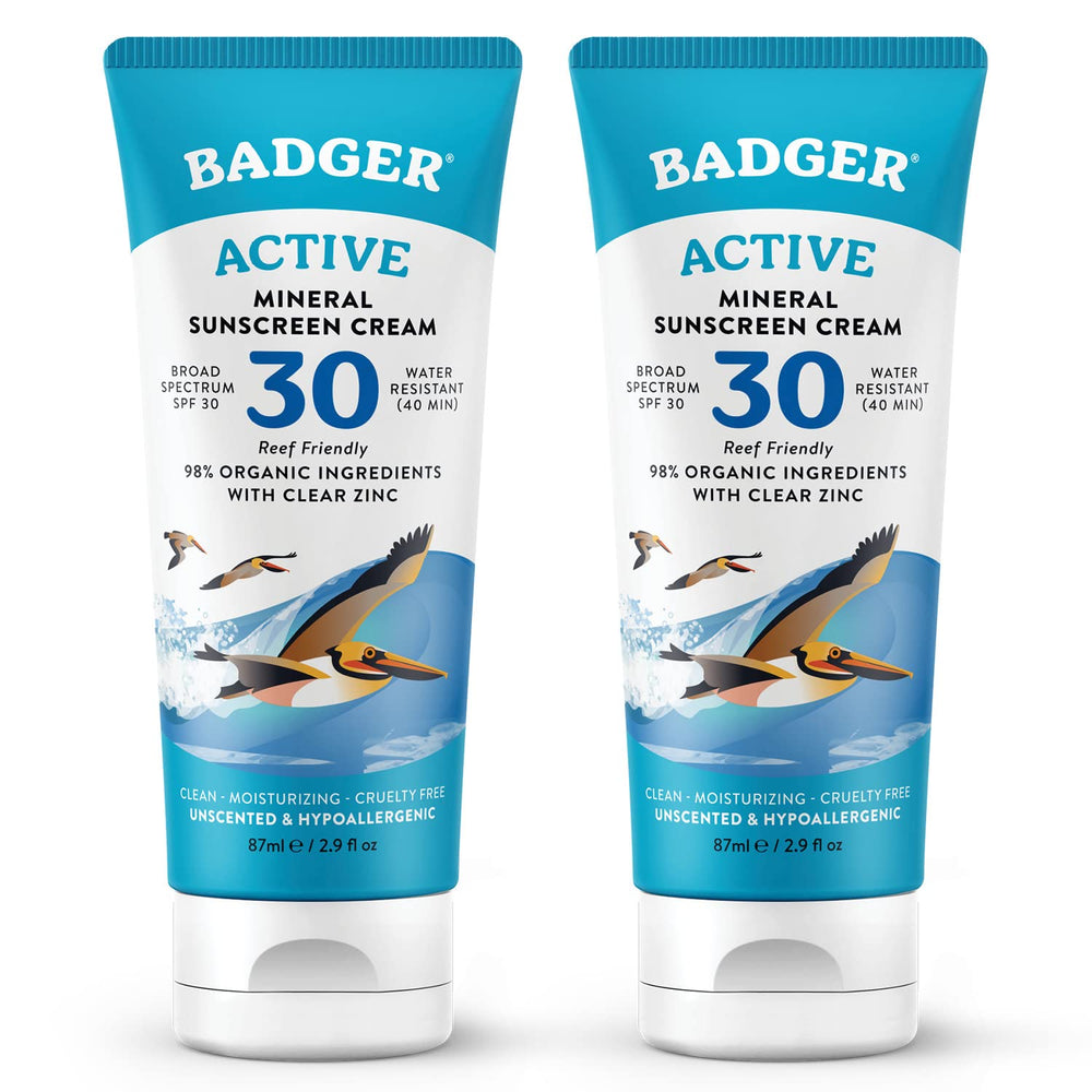 Badger Mineral Sunscreen Cream SPF 30 bottle demonstrates reef-safe sun protection for daily use.