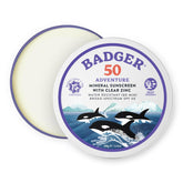 Badger Reef Safe Mineral Sunscreen tin offers SPF 50 mineral protection for outdoor adventures.
