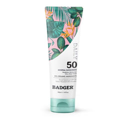 Badger SPF 50 Daily Mineral Sunscreen bottle front view with silky protection