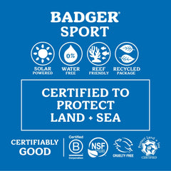 Badger Sport Mineral Sunscreen water resistance up to 80 minutes during activities.
