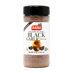 Badia Black Garlic Seasoning bottle closeup highlighting rich umami flavor boost