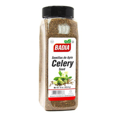 Badia celery seed whole 16oz bottle label closeup shows bold flavor for pickling and cooking.
