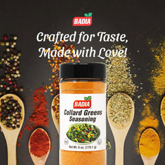 Close-up of Badia Collard Greens Seasoning label with dehydrated vegetables and spices.