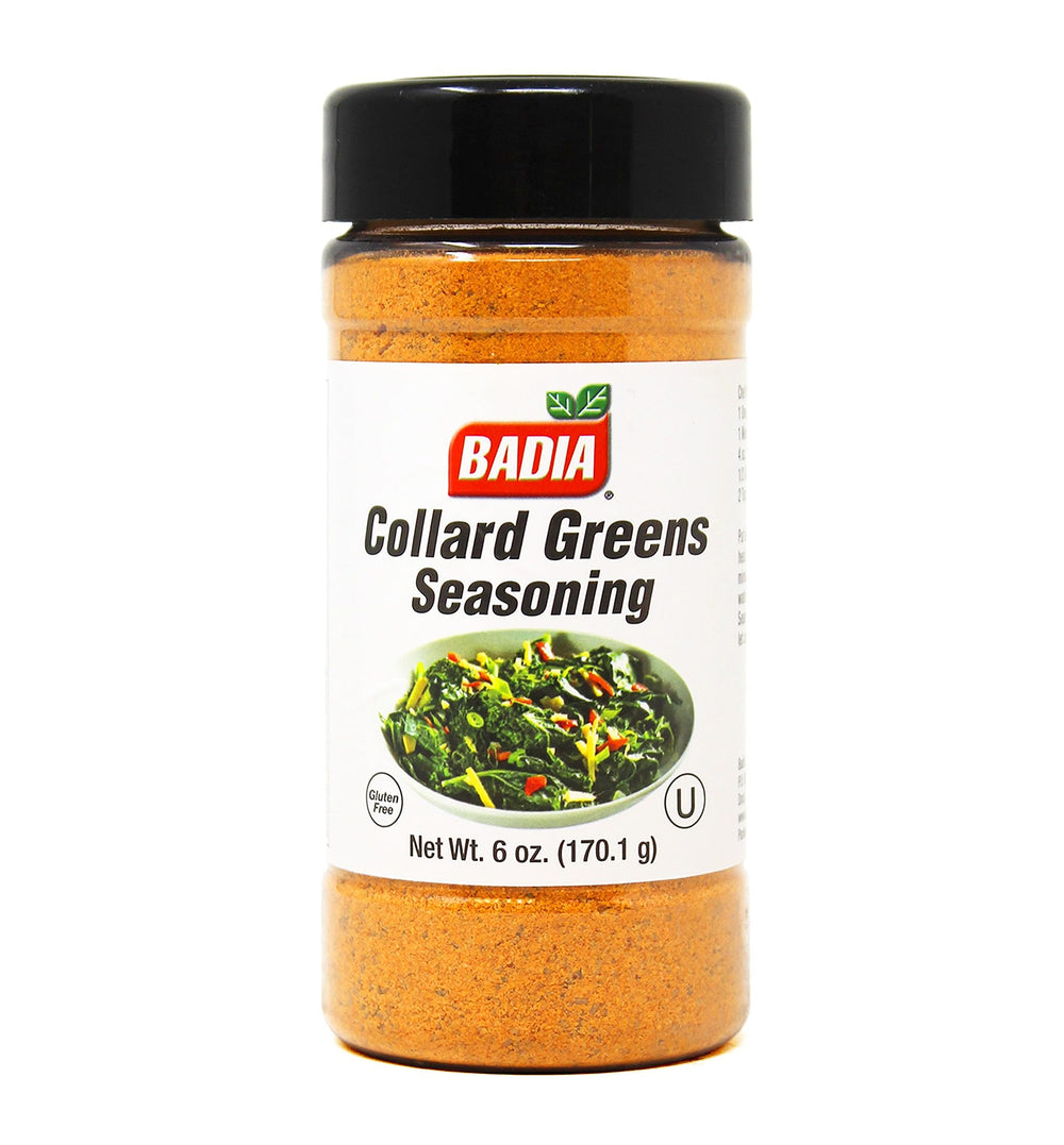 Badia Collard Greens Seasoning jar close-up highlighting spices for greens flavor.