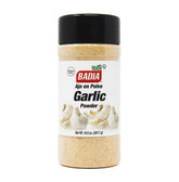 Badia garlic powder jar front, versatile all-purpose seasoning.