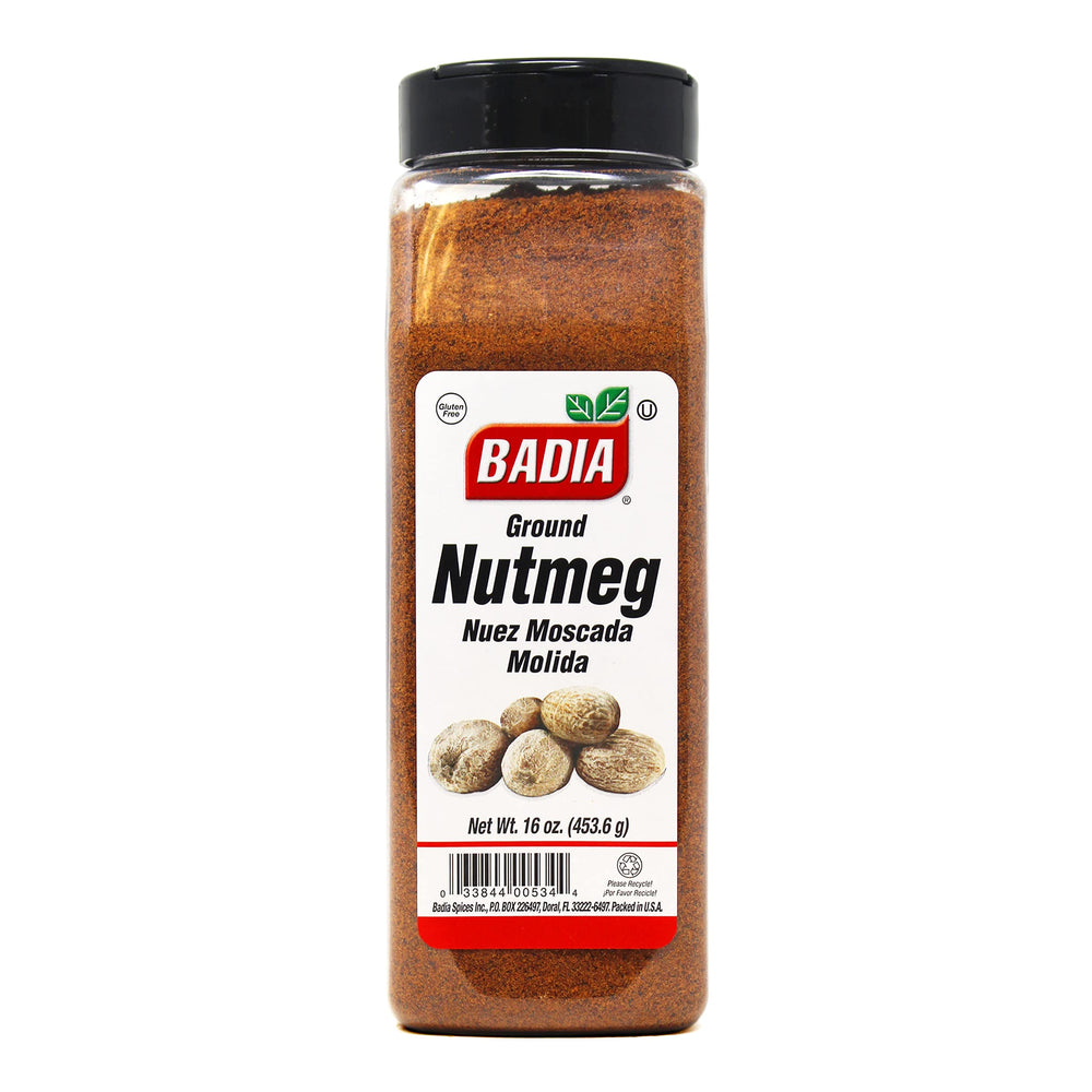 Badia ground nutmeg 16oz bottle – smooth powder for even flavor in baking and cooking.