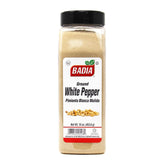 Badia ground white pepper 16oz bottle, smooth flavor for light sauces and seafood.