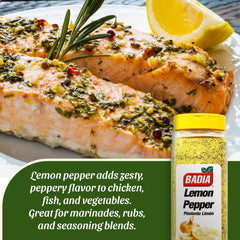 Badia Lemon Pepper shaker dusting on a skillet for quick flavor boost