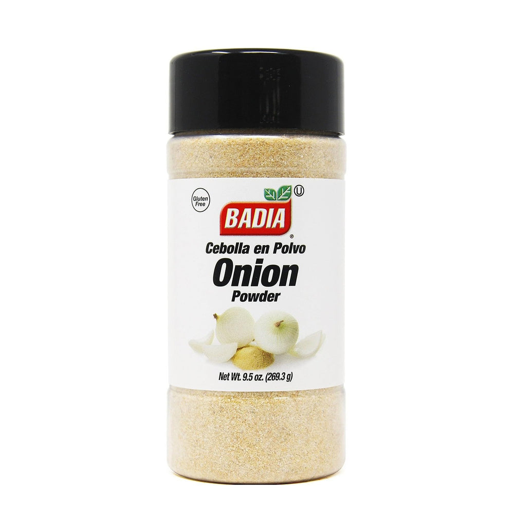 Badia Onion Powder jar close-up for quick, savory flavor in any recipe.